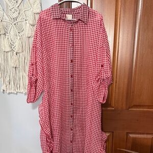 Red and White Gingham Button-Up Shirt Dress